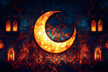 Fototapete - Illuminated stained glass crescent moon and architecture against a dark backdrop