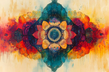 Fototapete - A colorful abstract watercolor painting featuring a symmetrical design