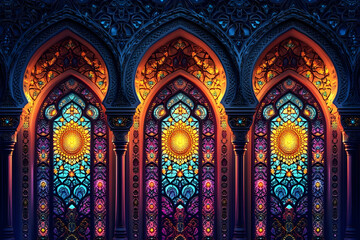 Fototapete - Beautiful stained glass windows displayed within a decorative arched structure