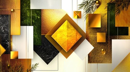 Poster - Dynamic abstract yellow background with geometric shapes, layered triangles, and glossy modern textures.