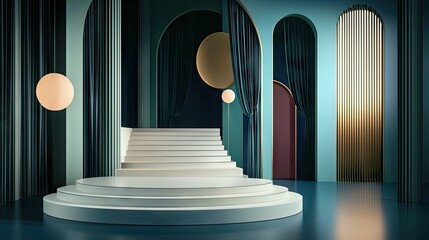 Poster - Elegant and clean geometric stage design with a circular white podium for premium product showcase.