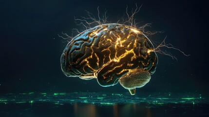 Poster - Futuristic human brain digital illustration with electric currents and lightning sparks on a glowing blue background.