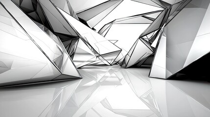 Leinwandbilder - Geometric abstract black background with sharp layered triangles, glossy white and grey squares, and a high-tech futuristic striped texture.