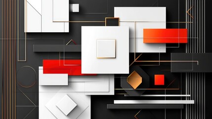 Leinwandbilder - Geometric abstract black background with sharp layered triangles, glossy white and grey squares, and a high-tech futuristic striped texture.