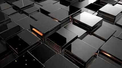 Leinwandbilder - High-tech abstract black background with geometric layers, reflective glossy squares, and a futuristic texture. Modern digital aesthetic.