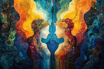 Fototapete - Two human silhouettes face each other surrounded by colorful artistic swirls