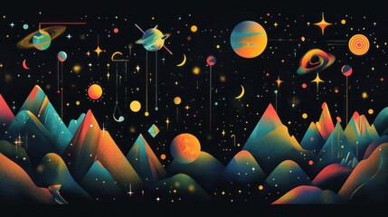 Colorful space landscape with planets and mountains