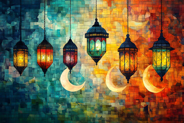 Fototapete - Colorful Lanterns and Moons Hanging Against a Textured Background