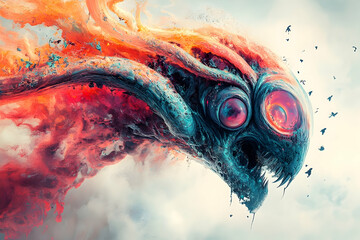 Fototapete - A surreal creature with fiery plumes against a cloudy sky