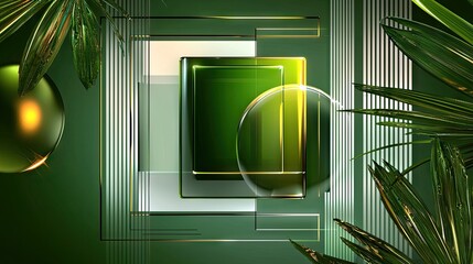 Poster - Sleek abstract green background with dynamic geometric layers, glossy white-grey squares, and a futuristic striped pattern.