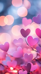 Wall Mural - hearts afloat: a soft focus, dreamy composition, showcasing pink and purple heart-shaped decorations