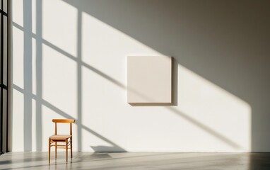Poster - Sunlit Minimalist Interior: Wooden Chair and Off White Canvas