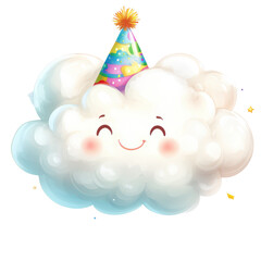 Wall Mural - Cloud Celebration: A cute, cartoon cloud celebrates a birthday with a festive party hat and a big smile, capturing the essence of joy and fun