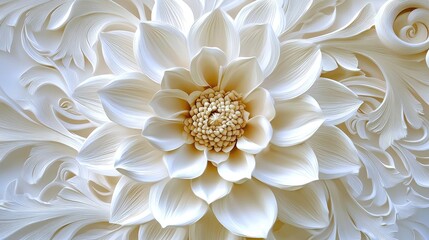 Poster - Soft white fantasy flower wallpaper featuring a seamless 3D model of intricate petals and swirling leaves.