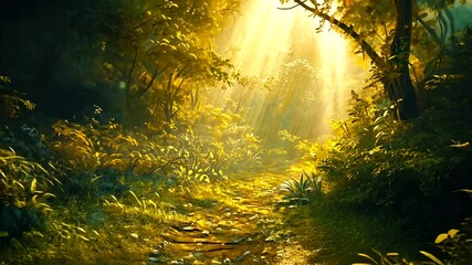 Wall Mural - lush forest pathway illuminated by sunlight filtering through the canopy, creating a serene and magi