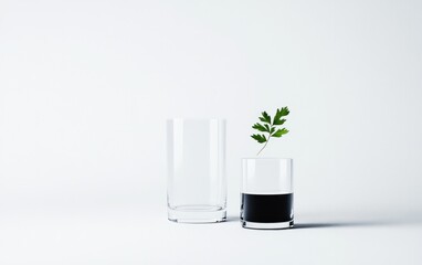 Poster - Two Clear Glasses and a Green Leaf on White Background