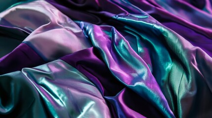 Poster - Iridescent taffeta fabric flowing with purple and teal reflections