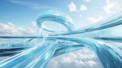 Poster - Futuristic Glass Architecture with Sky and Clouds Digital Art Rendering