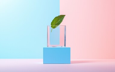 Poster - floating leaf in glass cube on pastel background