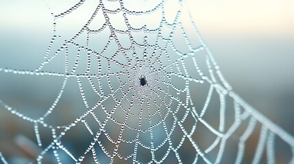 A close up photograph showcases a spider in its wet web