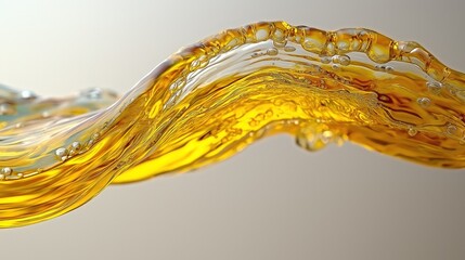 Poster - Bright golden liquid cascades smoothly, forming elegant waves filled with air bubbles. vibrant colors and dynamic movement create a visually captivating display of fluidity and beauty