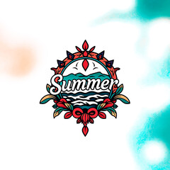 Poster - Vibrant summer logo design featuring ocean waves and lush floral elements for a seasonal theme 