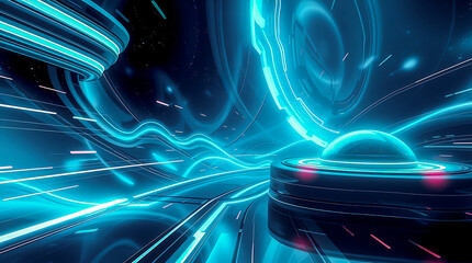 Poster - Vibrant digital landscape featuring futuristic elements and neon lights in motion