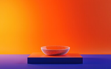 Poster - Clear Glass Bowl on Purple Platform Against Vibrant Orange and Yellow Background