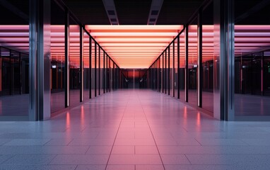 Fototapete - Pink Neon Lit Futuristic Corridor with Metallic Walls and Speckled Floor