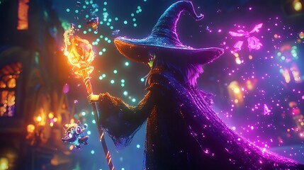Poster - Pixelated Wizard Casting Spells in a Glowing Fantasy City