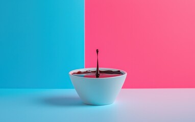 Poster - Dark Liquid Drop Falling into White Bowl on Pink and Blue Background