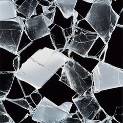Poster - Abstract image of shattered, translucent white fragments against a stark black background. The pieces are irregular, creating a fractured and fragmented effect.