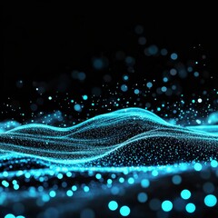 Poster - Abstract background with glowing blue particles forming undulating waves on a dark surface. The image features a soft, ethereal quality with bokeh effects.