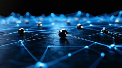 Poster - Abstract image of dark metallic spheres interconnected by glowing blue lines on a dark reflective surface. The spheres are reflective and cast subtle shadows.