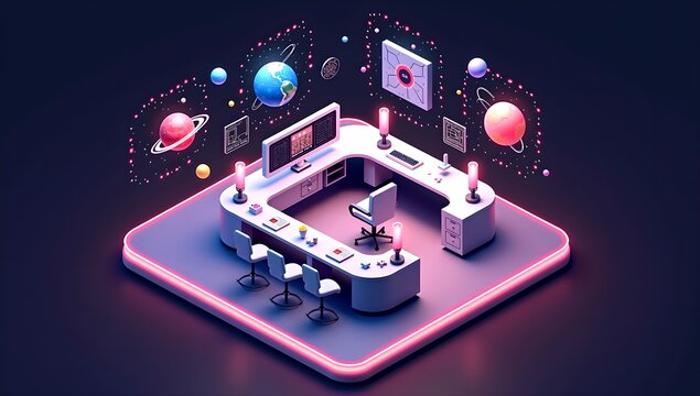 Futuristic Workspace Design Modern Office Desk with Space Theme Elements and Neon Lighting