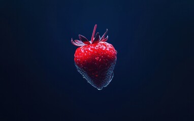 Poster - Red Strawberry with Water Droplets on Dark Blue Background