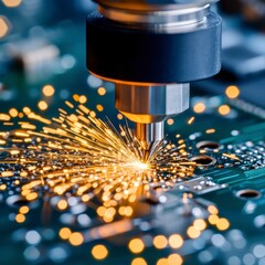 Poster - close up of a cnc machine precisely cutting a circuit board, creating a burst of golden sparks. the 