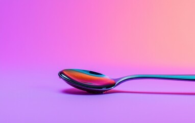 Poster - Metallic Spoon with Rainbow Reflection on Purple Neon Background