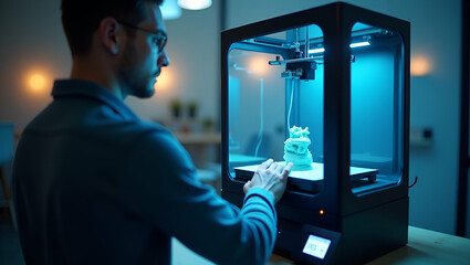 Photo Realistic Double Exposure of a Person Using a 3D Printer Interface with 3D Printer Symbolizing Technology Adoption in Additive Manufacturing - Copy Space Available