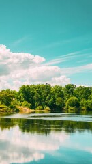 Wall Mural - Hyperlapse Summer Cloudy Sky Above Summer River Landscape Lake. Time lapse. Timelapse. Sky Clouds Reflections In Water