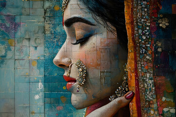 Wall Mural - The portrait of a woman adorned with jewelry in profile