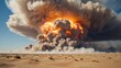 © Ilona - A powerful explosion sends a huge mushroom cloud of smoke and fire into the clear blue sky, casting dramatic shadows over the sandy desert below during daylight