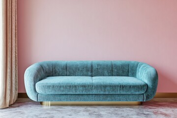 Poster - Blue velvet sofa against the wall in an empty room with pink walls and beige carpet, front view.