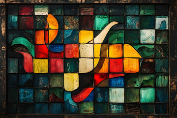 Wall Mural - A colorful abstract artwork depicting a stylized organic shape within blocks