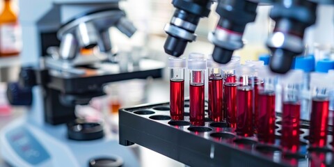 Fototapete - Medical laboratory setting with test tubes and equipment