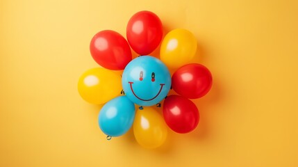 Wall Mural - Colorful balloons in the shape of a flower on a yellow background. The blue balloon in the center has a smiley face on it.