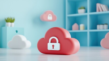 Poster - A colorful 3D representation of cloud storage with a lock symbol, symbolizing data security and privacy in a modern, minimalist setting.