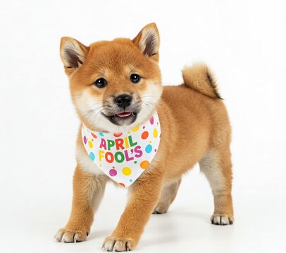 A little playful Shiba Inu wearing a tiny April Fools bandana isolated on white background