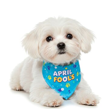 A little playful Maltese wearing a tiny April Fools bandana isolated on white background