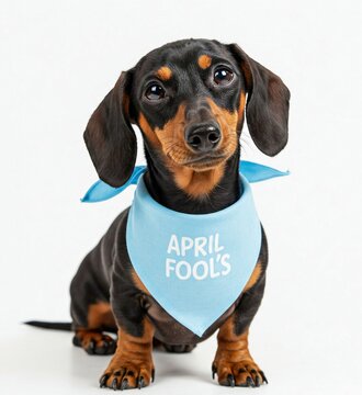 A little playful Dachshund wearing a tiny April Fools bandana isolated on white background